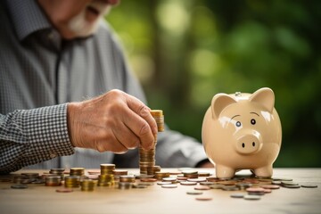 An elderly individual depositing money into a piggy bank, representing a lifetime of savings