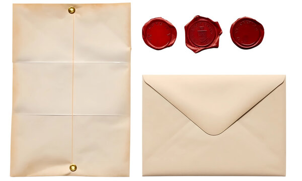 Old envelope and letter paper with wax seal stamps set isolated	
