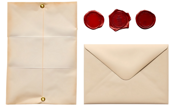 Old envelope and letter paper with wax seal stamps set isolated	
