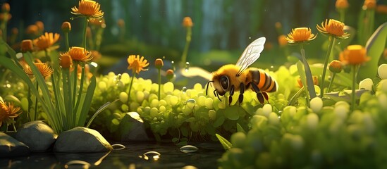 Bees pollinate food crops cute 3d anime style. bee sunflower - obrazy, fototapety, plakaty