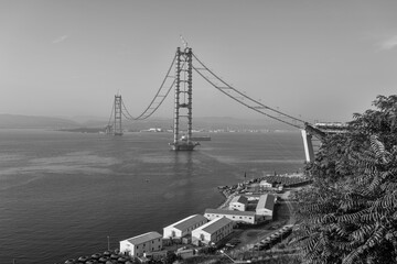 Osman Gazi Bridge (Izmit Bay Bridge). Izmit, Kocaeli, Turkey. Construction of a new road bridge continues across the Marmara Sea.