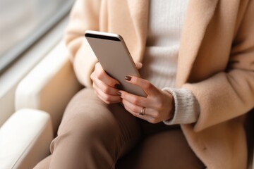 A top-down perspective of a woman seated, holding a mobile phone with a blank screen