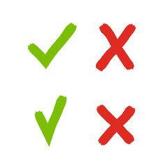 Tick mark and cross sign hand painted icon set. Vector symbols.