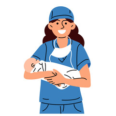 Fototapeta premium A midwife or a doctor with the concept of a newborn. A woman nurse, doctor or midwife smiles in a blue uniform, standing holding a newborn baby in her arms in a maternity hospital vector illustration