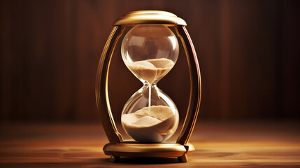 hourglass sand timer on table - obrazy, fototapety, plakaty
