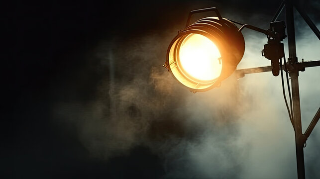  light flash coming from a flashlight on the dark, the spotlight on a stage with smoke coming out in teather, concer, during a music festival. Light comes from a stage with a band show