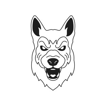 Y2k angry wolf canine predator animal portrait monochrome line retro groovy icon vector