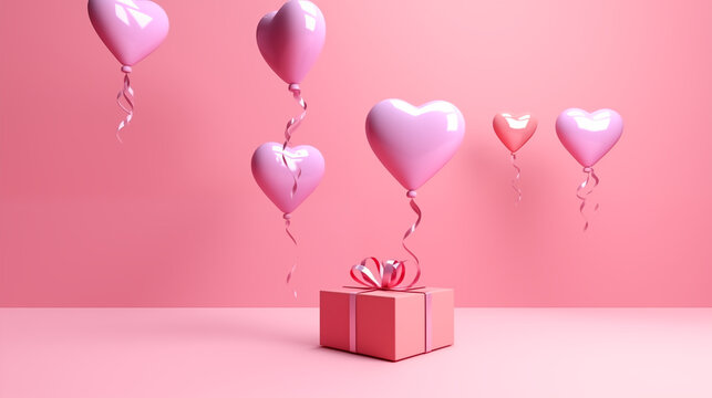 valentines day concept 3D heart shaped balloons flying with gift boxes on pink background