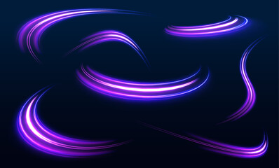 Big set of light neon lines in the form of swirl and spirals. Sports light lines with neon effect in hay red and pink. Abstract background in blue and purple neon glow colors. 