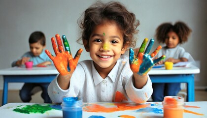Child playing with Paint - Hand Painting Concept, Creative Child, Stimulate creativity - obrazy, fototapety, plakaty