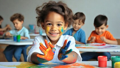 Child playing with Paint - Hand Painting Concept, Creative Child, Stimulate creativity