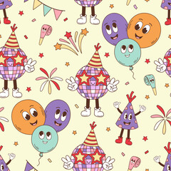 seamless pattern with groovy Disco Ball, balloons, firework