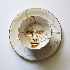 broken cup top view, a close up of cracked porcelain golden coffee cup with a face on it, conceptual art,