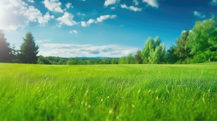 Fototapeta premium Beautiful blurred background image of spring nature with a neatly trimmed lawn surrounded by trees against a blue sky with clouds on a bright sunny day.
