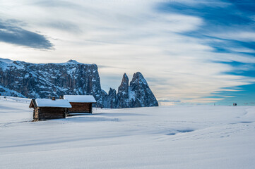 The largest high altitude plateau in Europe in winter. Snow and winter atmosphere on the Alpe di Siusi. Dolomites.