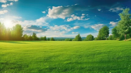Beautiful blurred background image of spring nature with a neatly trimmed lawn surrounded by trees against a blue sky with clouds on a bright sunny day. - obrazy, fototapety, plakaty
