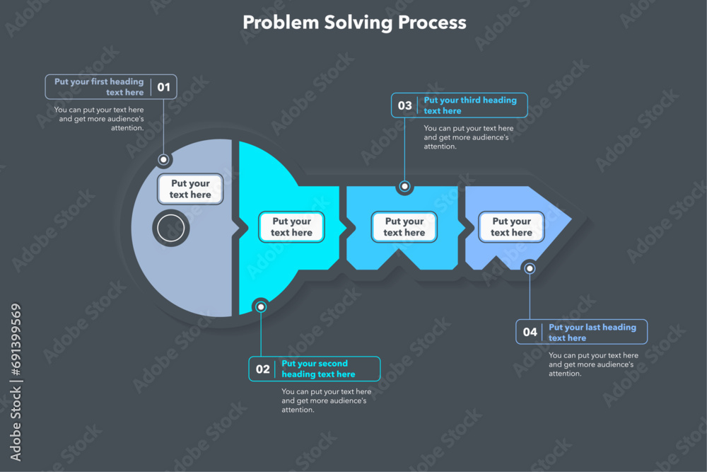 Aufkleber Problem solving process infographic with four steps - dark version. Simple flat template for project data visualization.