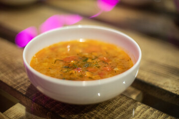Food in restaurant. Delicious dish in white plate. Dinner on plate.