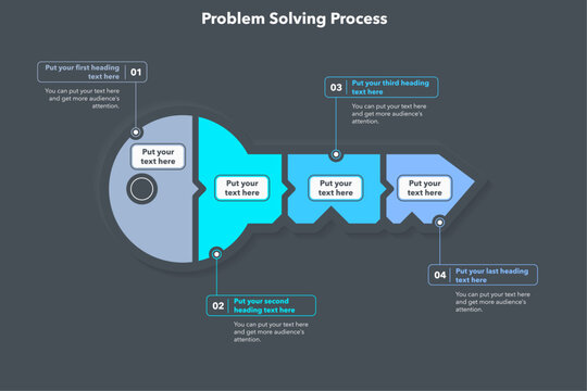Problem solving process infographic with four steps - dark version. Simple flat template for project data visualization.