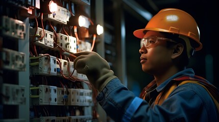 Electrical technician in action, a young electrician or technician working on electrical components in a manufacturing setting.