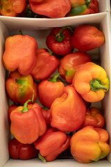 Red pepper in a box. Peppers on the market. Fresh vegetables.