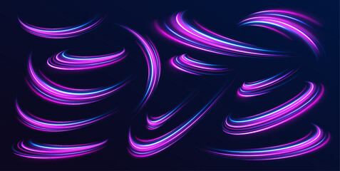 Neon line as speed or arc, turn, twist, bend in light effect. Light arc in neon colors, in the form of a turn and a zigzag. Abstract background in blue, yellow and orange neon colors.	 - obrazy, fototapety, plakaty
