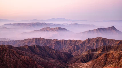 Papier Peint photo Lavable Violet Picturesque landscape of the Asir Mountains at sunrise, Saudi Arabia.