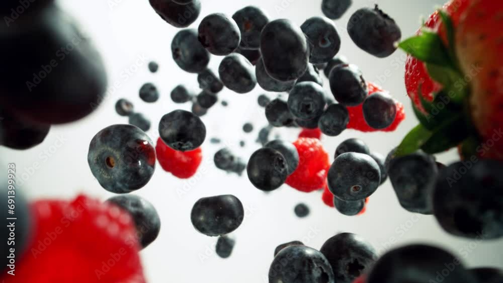 Poster super slow motion of falling and rotating berries on white background, top view. filmed on high spee