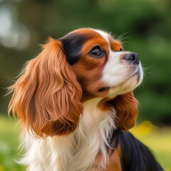 Fototapeta premium Profile portrait of Cavalier King Charles Spaniel dog in the nature. King Charles Spaniel dog portrait in a sunny summer day. Outdoor Portrait of beautiful Spaniel dog in a summer field. AI generated