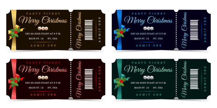 Set of Merry Christmas elegant party tickets for admit one with colorful bows