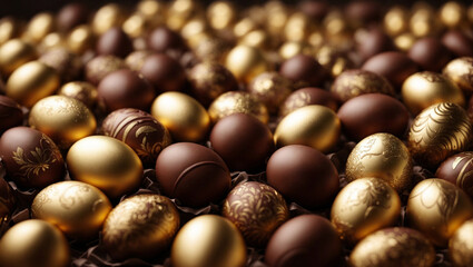 Obraz premium Wallpaper fatto con uova di cioccolata decorate con cioccolata al latte e oro