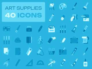 A set of forty monochrome flat icons depicting different art supplies.