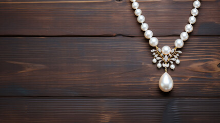 Pearl necklace with quartz on wood background - obrazy, fototapety, plakaty
