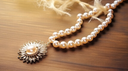 Pearl necklace with quartz on wood background