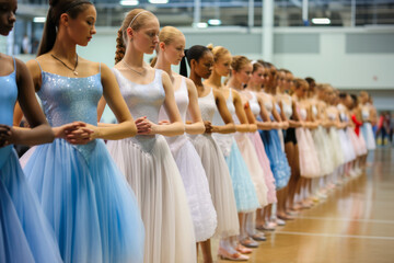 Beautiful females ballerinas in tutus. Adult ballet dancing competition, dancing classes.