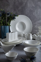 Dishes, plates, cups, spoons and forks in the kitchen