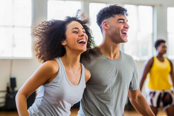Adult male and female hip-hop couples dancing at practice, smiling being happy. Youth culture,...