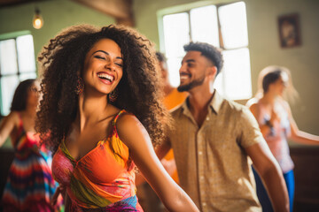 Afro american and caucasian dancers dancing in the dancing school, smiling. Relaxed atmosphere, couples teaching how to dance with instructor. - Powered by Adobe