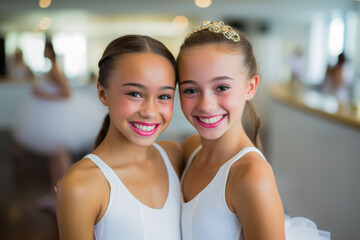 Cute ballerina girls in pink tutu dance practice in the room, kid ballet concept. Adorable teenagers dancing together classical ballet in studio.