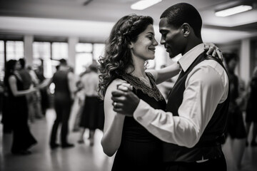 Intimate couple in the middle of a dance, spotlight, ballroom setting. Performing classical dances,...