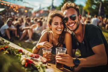 Couples enjoying festival, drinking beer and spending quality time together. Music festivals in America, Europe. Summer time.