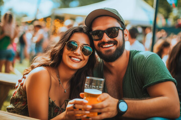 Couples enjoying festival, drinking beer and spending quality time together. Music festivals in America, Europe. Summer time.