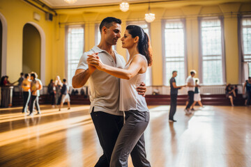 Couple in the dancing class. Learning how to dance for wedding dance, for their first dance, recreation for couple, spending quality time together. - obrazy, fototapety, plakaty