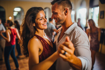 Couple in the dancing class. Learning how to dance for wedding dance, for their first dance, recreation for couple, spending quality time together. - obrazy, fototapety, plakaty
