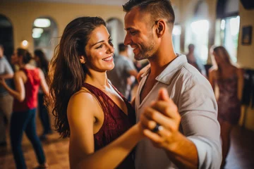 Foto op Plexiglas Couple in the dancing class. Learning how to dance for wedding dance, for their first dance, recreation for couple, spending quality time together. © VisualProduction
