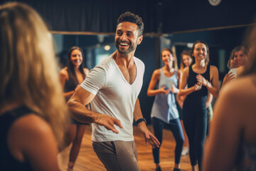 Dancing classes for single adults, handsome male teacher demonstrating how to dance salsa. Recreation for adults, healthy lifestyle. - obrazy, fototapety, plakaty