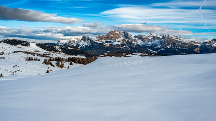 The largest high altitude plateau in Europe in winter. Snow and winter atmosphere on the Alpe di Siusi. Dolomites.