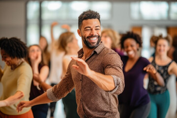 Dancing classes for single adults, handsome male teacher demonstrating how to dance salsa. Recreation for adults, healthy lifestyle.