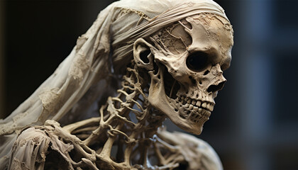 Ancient bride skeleton. Realistic skeleton corpse bride on black background copy space. Skull of a bride - obrazy, fototapety, plakaty