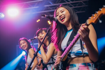 Girl band singing on a stage in the bar. Teenage girls with microphone singing in disco. K pop, asian style.
